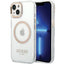 Guess Metal Outline MagSafe dėklas iPhone 15 Plus / 14 Plus – auksinis