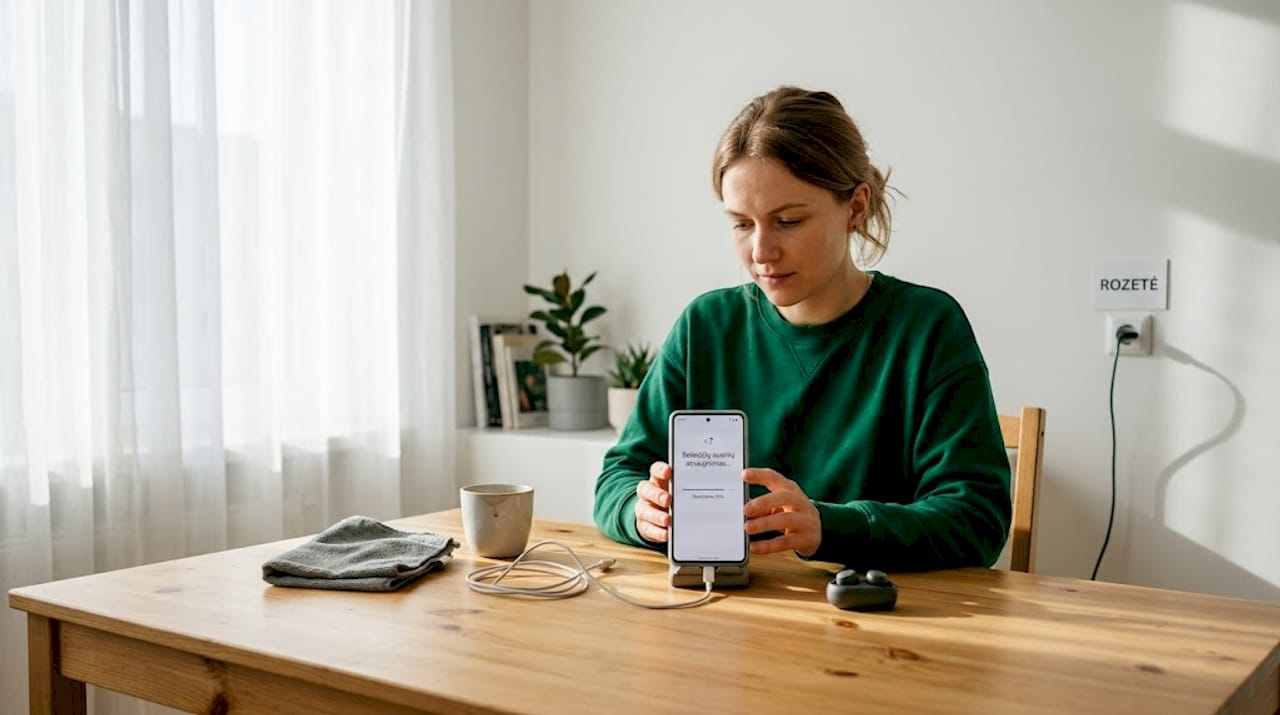 Moteris virtuvėje prie stalo keičia telefono dėklą ir priedus.