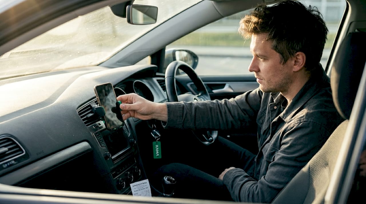 Vairuotojas tvirtina telefono laikiklį savo „VW Golf“ automobilyje.