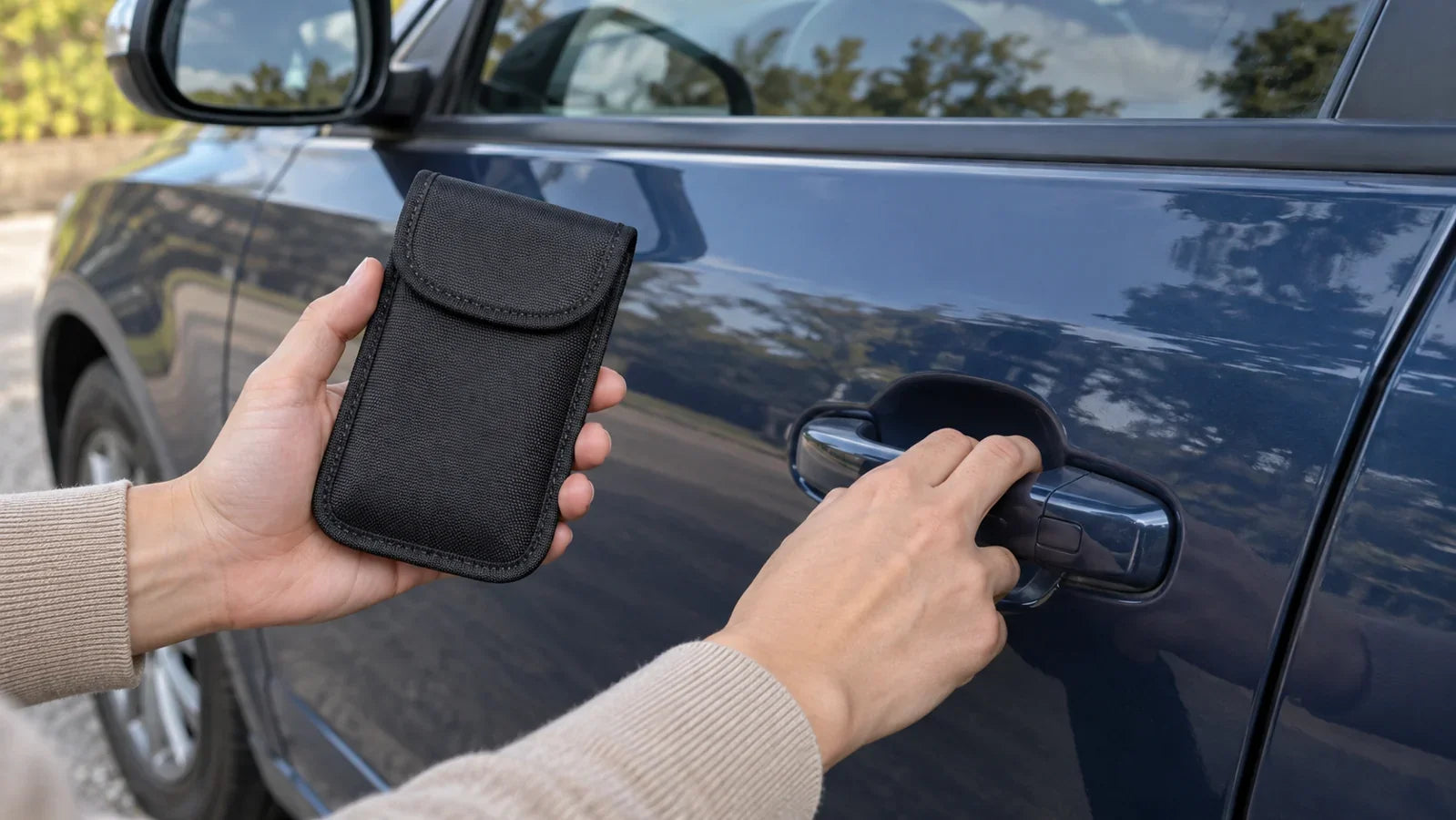 Žmogus laiko uždarytą juodą raktų dėklą prie stovinčio automobilio durų rankenos