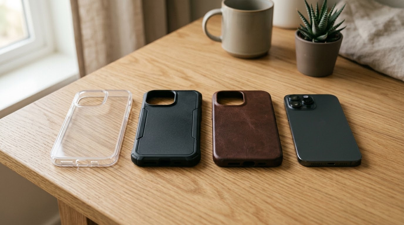Trys iPhone 17 dėklai – skaidrus, matinis juodas ir odinis – ant šviesaus ąžuolo stalo