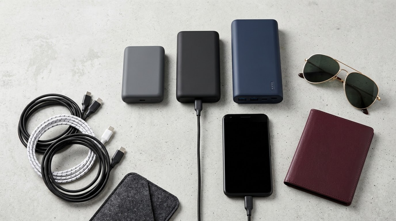 Trys skirtingo dydžio išorinės baterijos su USB-C laidais ir kelionės daiktais