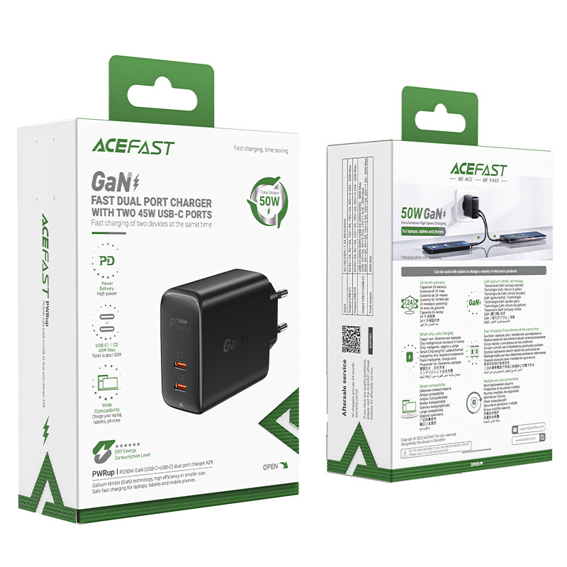 Acefast dviejų jungčių įkroviklis A29 PD50W GaN (USB-C + USB-C) juodas