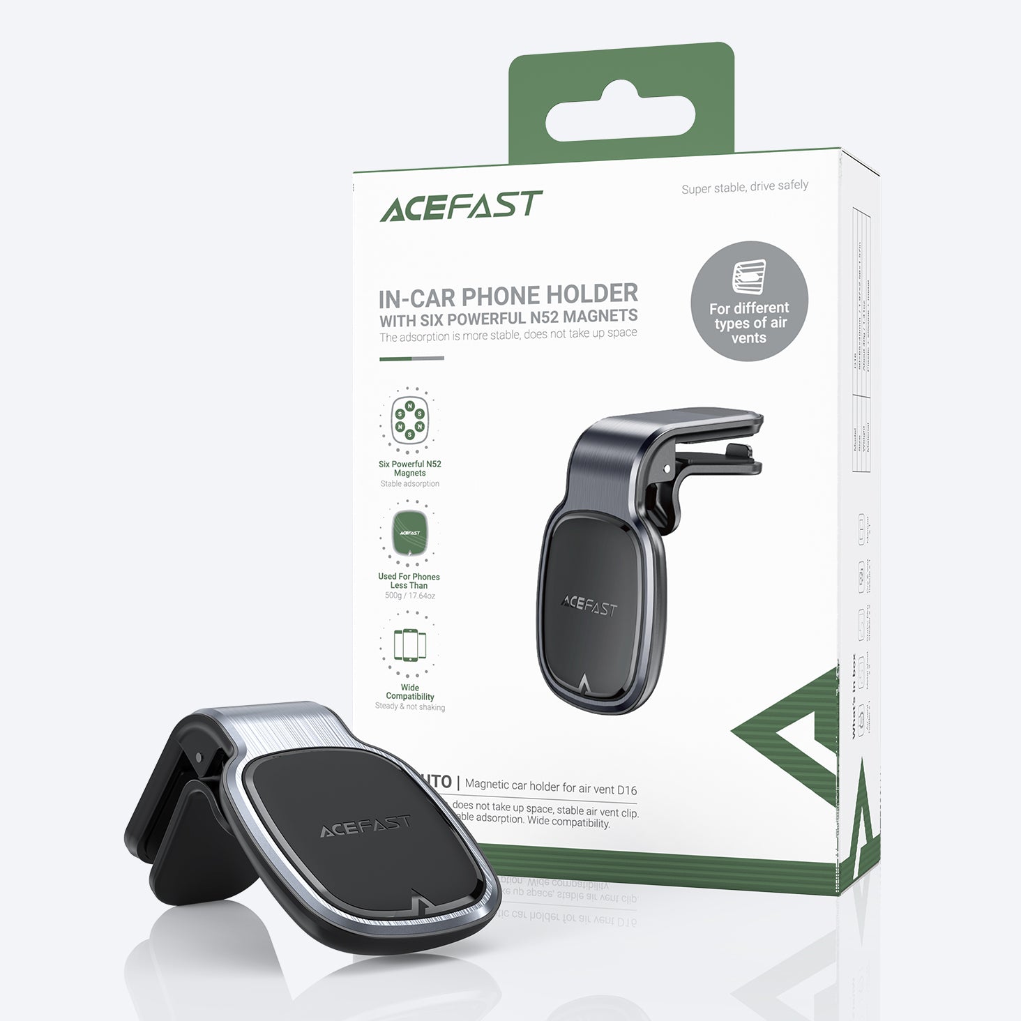 Acefast D16 magnetinis automobilinis ventiliacijos grotelių laikiklis (nereikia MagSafe), pilkas