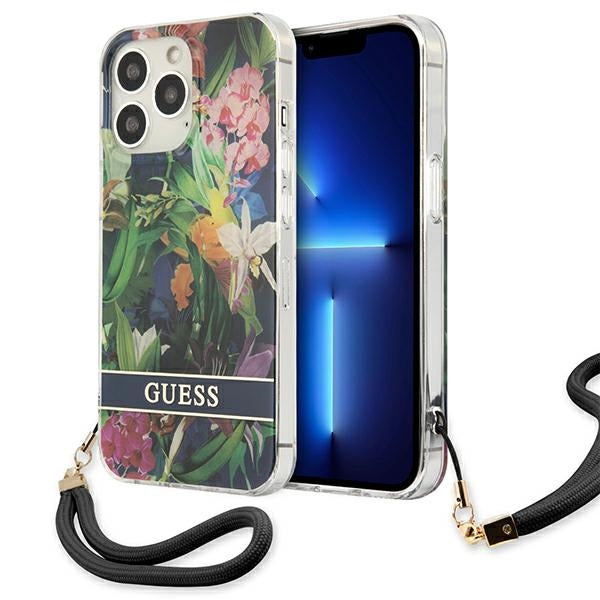 Guess dėklas iPhone 13 / 13 Pro – mėlynas Flower Strap