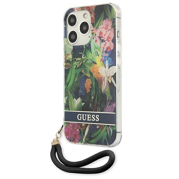 Guess dėklas iPhone 13 / 13 Pro – mėlynas Flower Strap