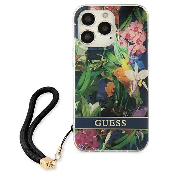 Guess dėklas iPhone 13 / 13 Pro – mėlynas Flower Strap
