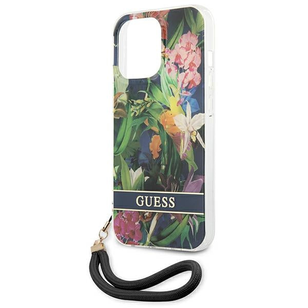 Guess dėklas iPhone 13 / 13 Pro – mėlynas Flower Strap