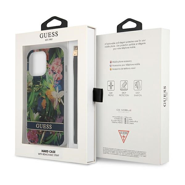 Guess dėklas iPhone 13 / 13 Pro – mėlynas Flower Strap
