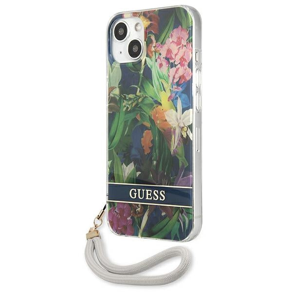 Guess dėklas iPhone 13 mini – mėlynas, Flower Strap