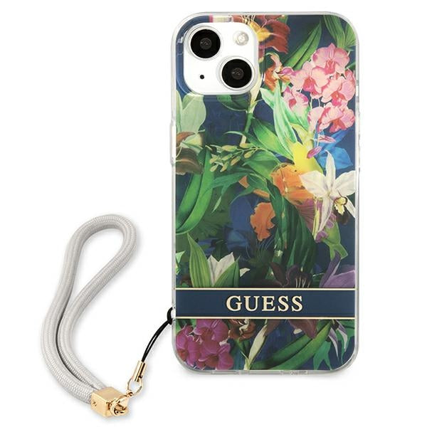 Guess dėklas iPhone 13 mini – mėlynas, Flower Strap