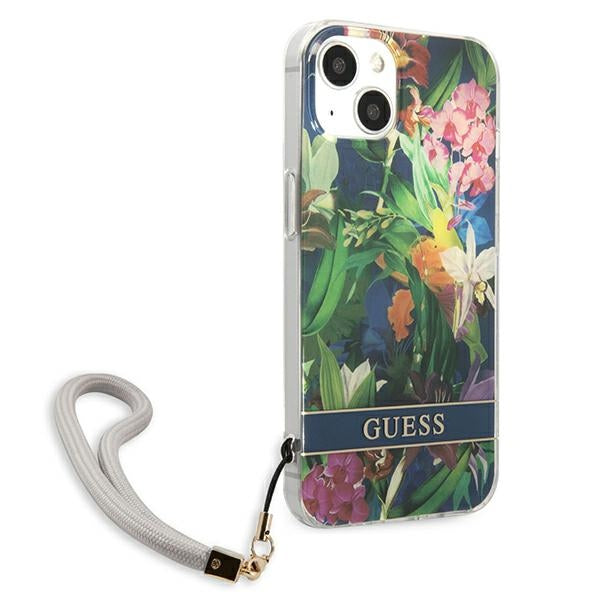 Guess dėklas iPhone 13 mini – mėlynas, Flower Strap