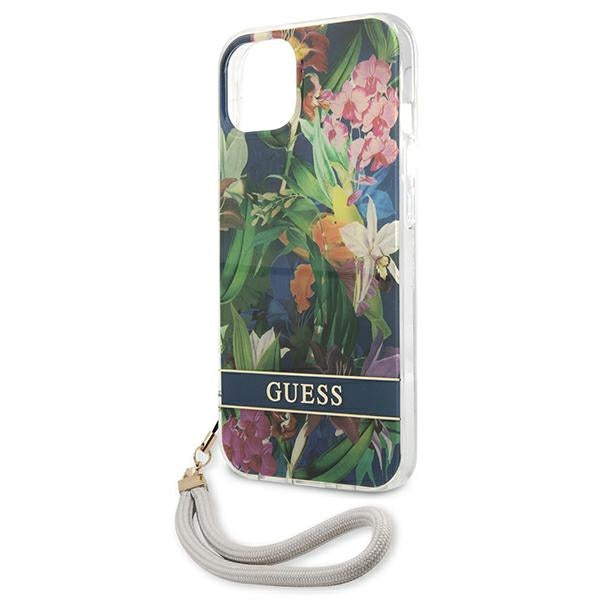Guess dėklas iPhone 13 mini – mėlynas, Flower Strap