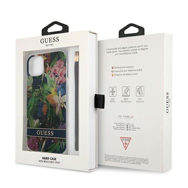Guess dėklas iPhone 13 mini – mėlynas, Flower Strap