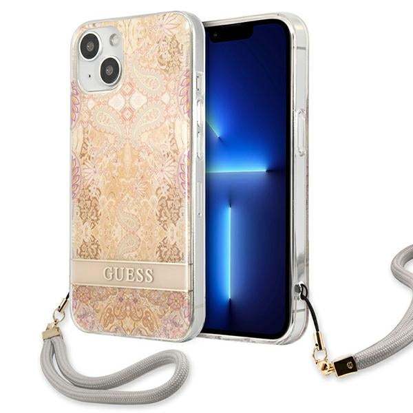 Guess dėklas iPhone 13 mini – auksinis, su dirželiu