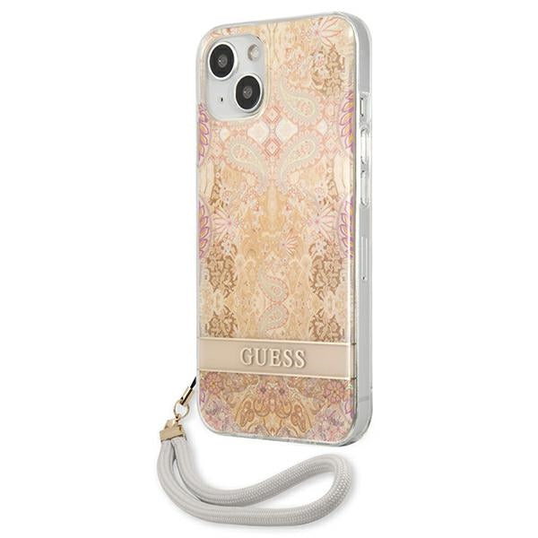 Guess dėklas iPhone 13 mini – auksinis, su dirželiu