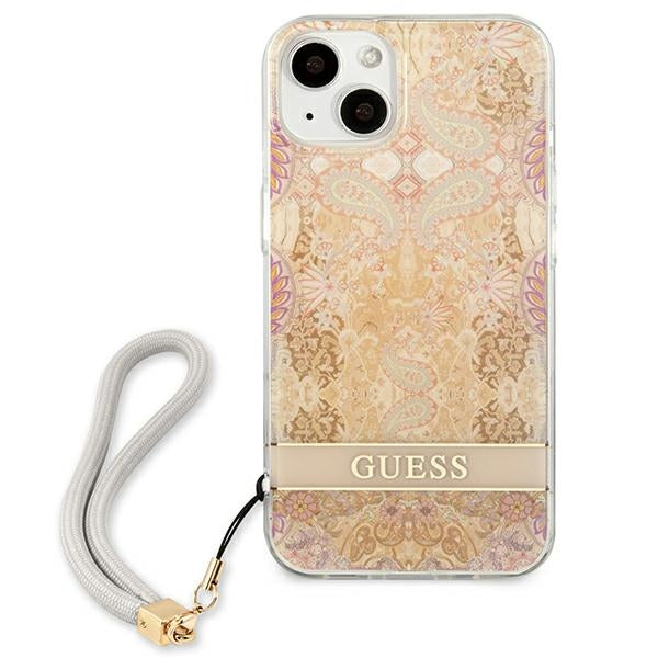 Guess dėklas iPhone 13 mini – auksinis, su dirželiu