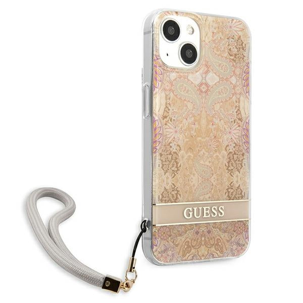 Guess dėklas iPhone 13 mini – auksinis, su dirželiu