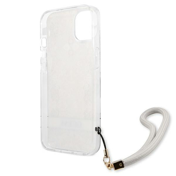Guess dėklas iPhone 13 mini – auksinis, su dirželiu