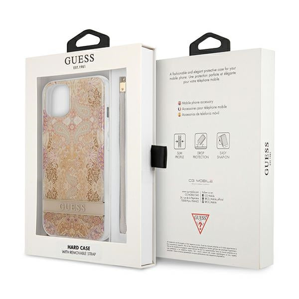 Guess dėklas iPhone 13 mini – auksinis, su dirželiu
