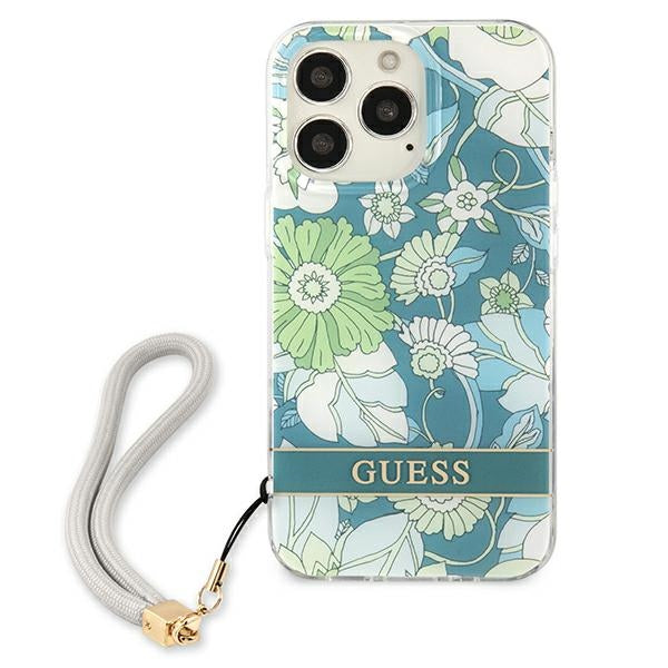 Guess dėklas iPhone 13 Pro Max – žalias, Flower Strap