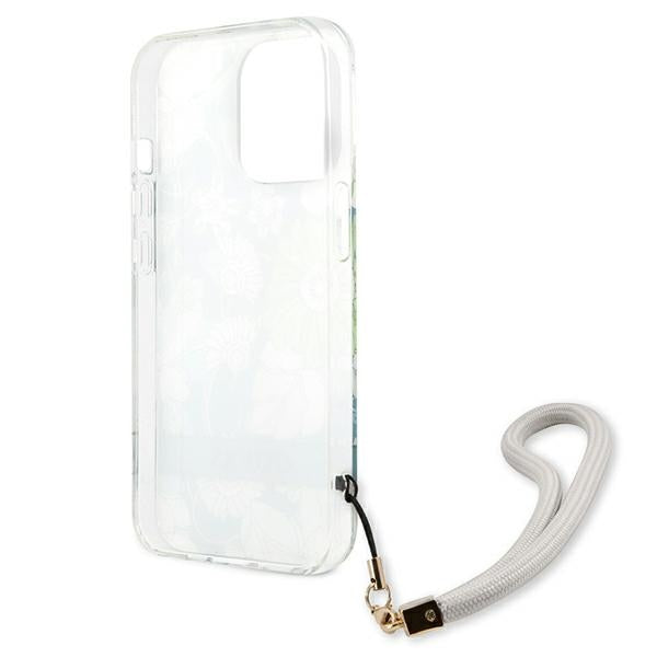 Guess dėklas iPhone 13 Pro Max – žalias, Flower Strap