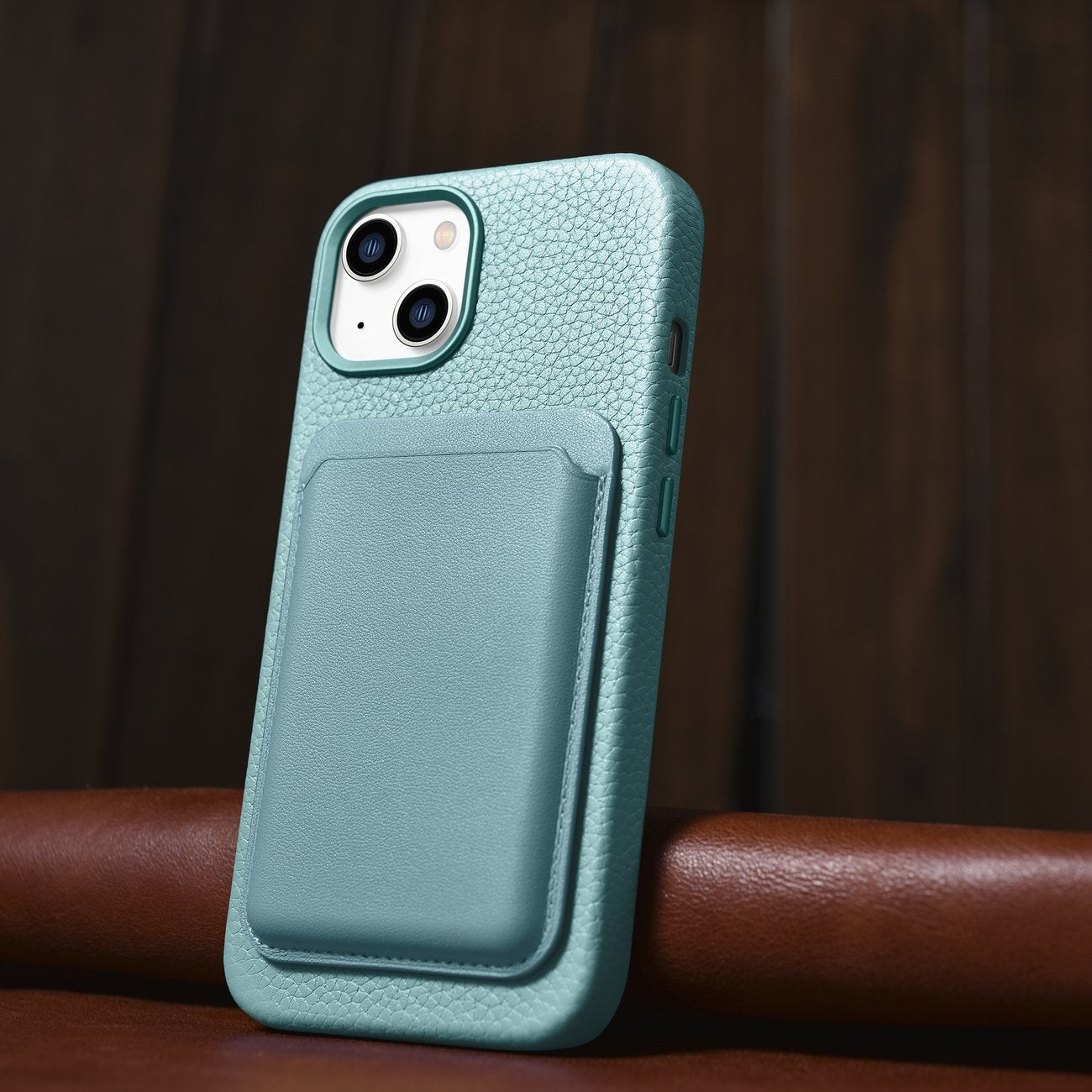 iCarer Litchi odinis MagSafe dėklas iPhone 14 – žalias