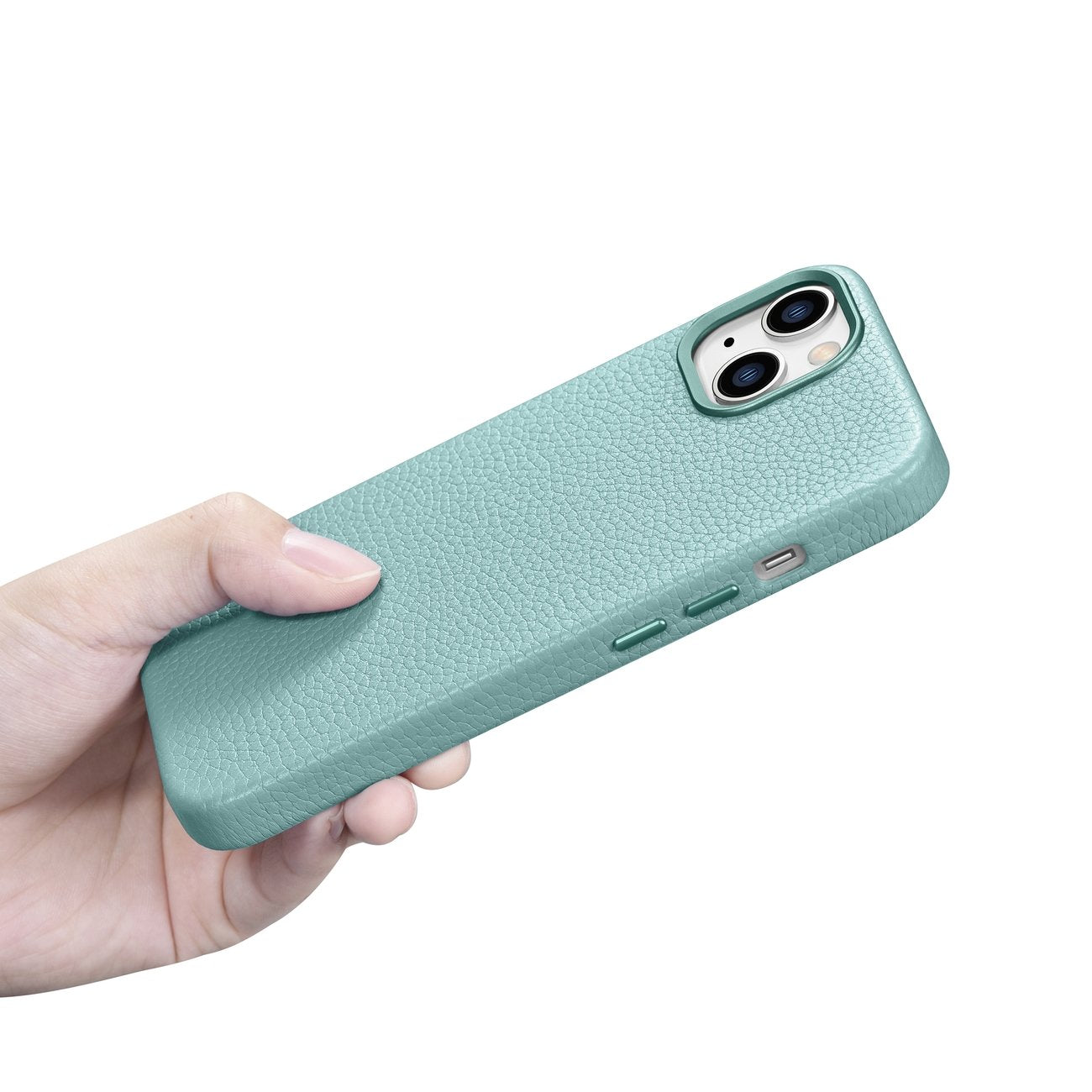 iCarer Litchi odinis MagSafe dėklas iPhone 14 – žalias