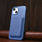 iCarer Litchi Premium Leather MagSafe dėklas iPhone 14 Plus – šviesiai mėlynas