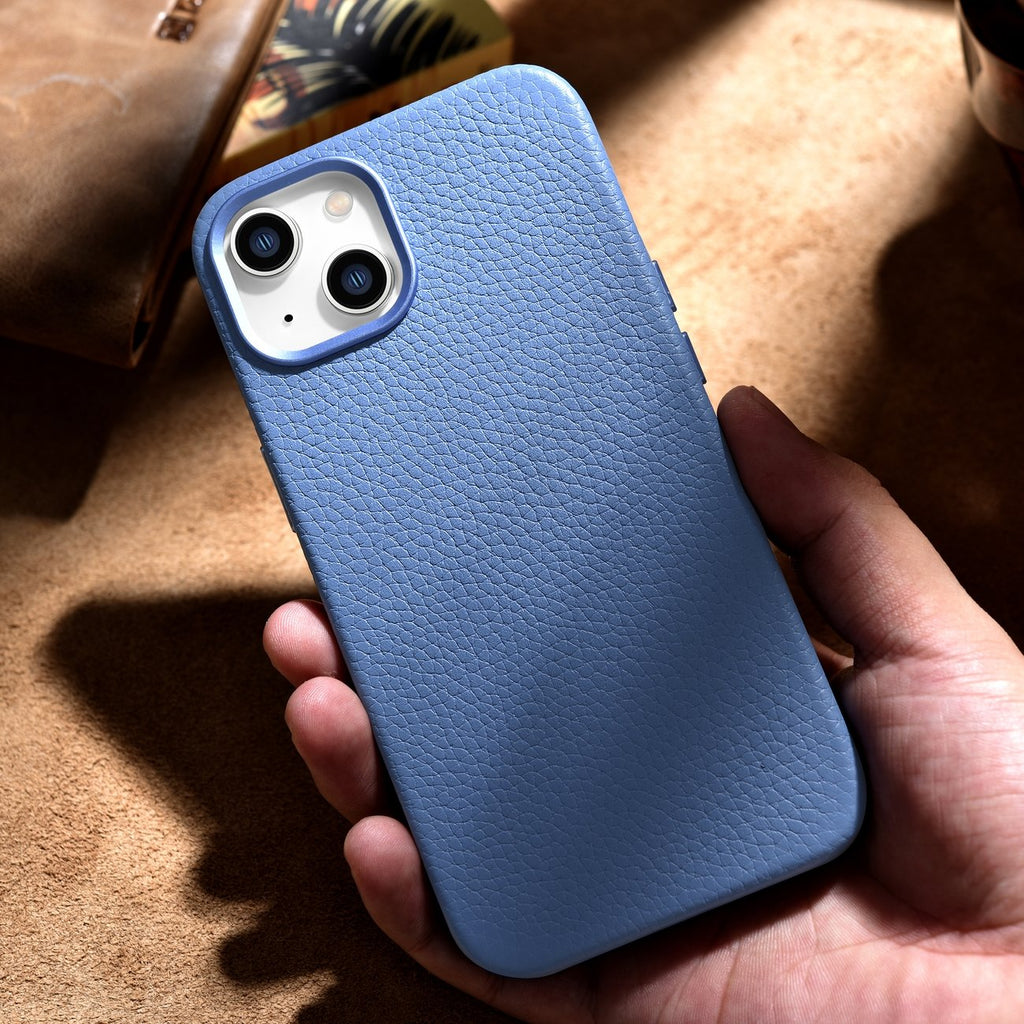 iCarer Litchi Premium Leather MagSafe dėklas iPhone 14 Plus – šviesiai mėlynas