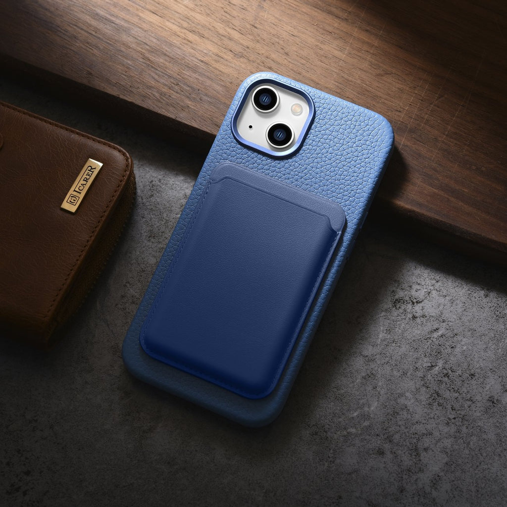 iCarer Litchi Premium Leather MagSafe dėklas iPhone 14 Plus – šviesiai mėlynas