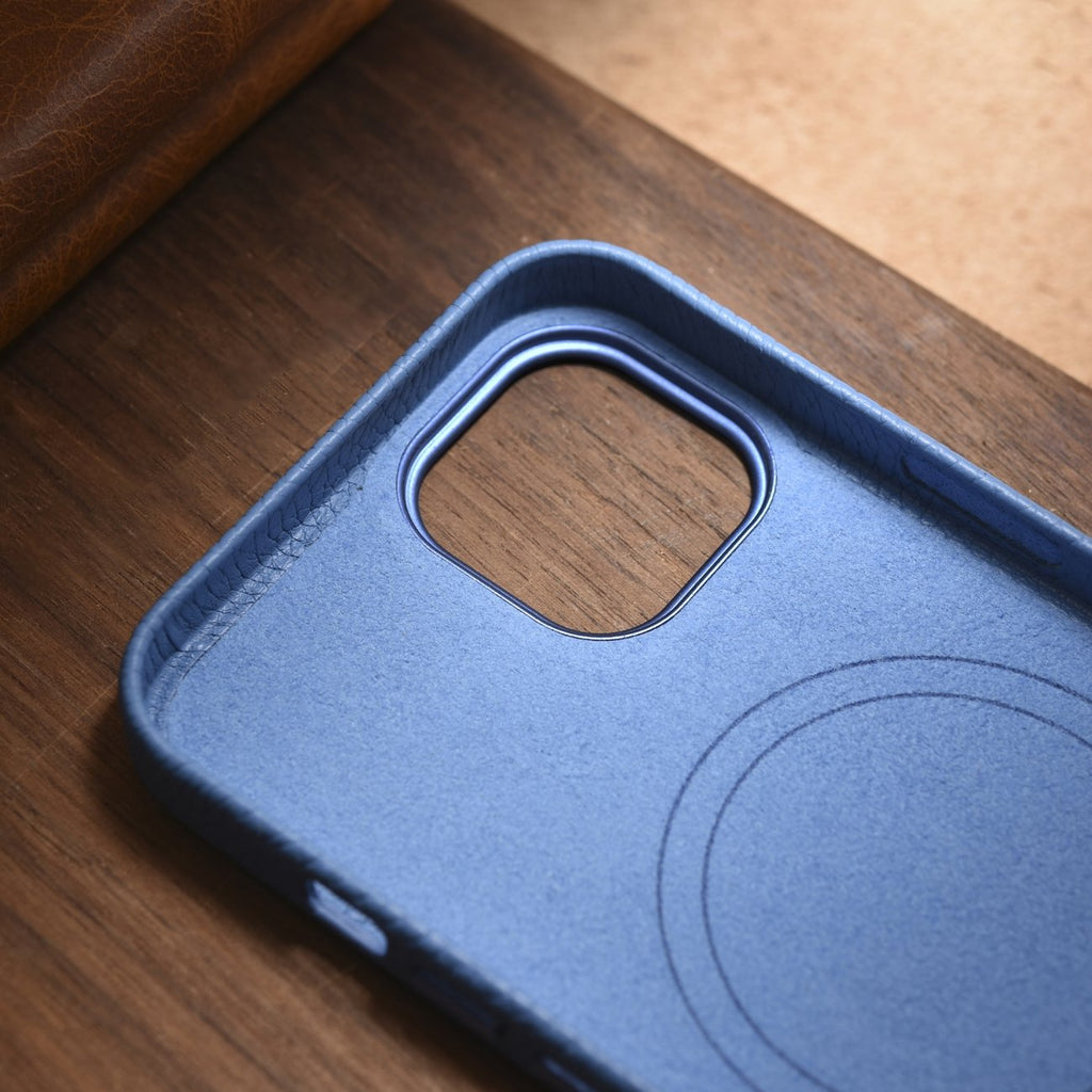 iCarer Litchi Premium Leather MagSafe dėklas iPhone 14 Plus – šviesiai mėlynas
