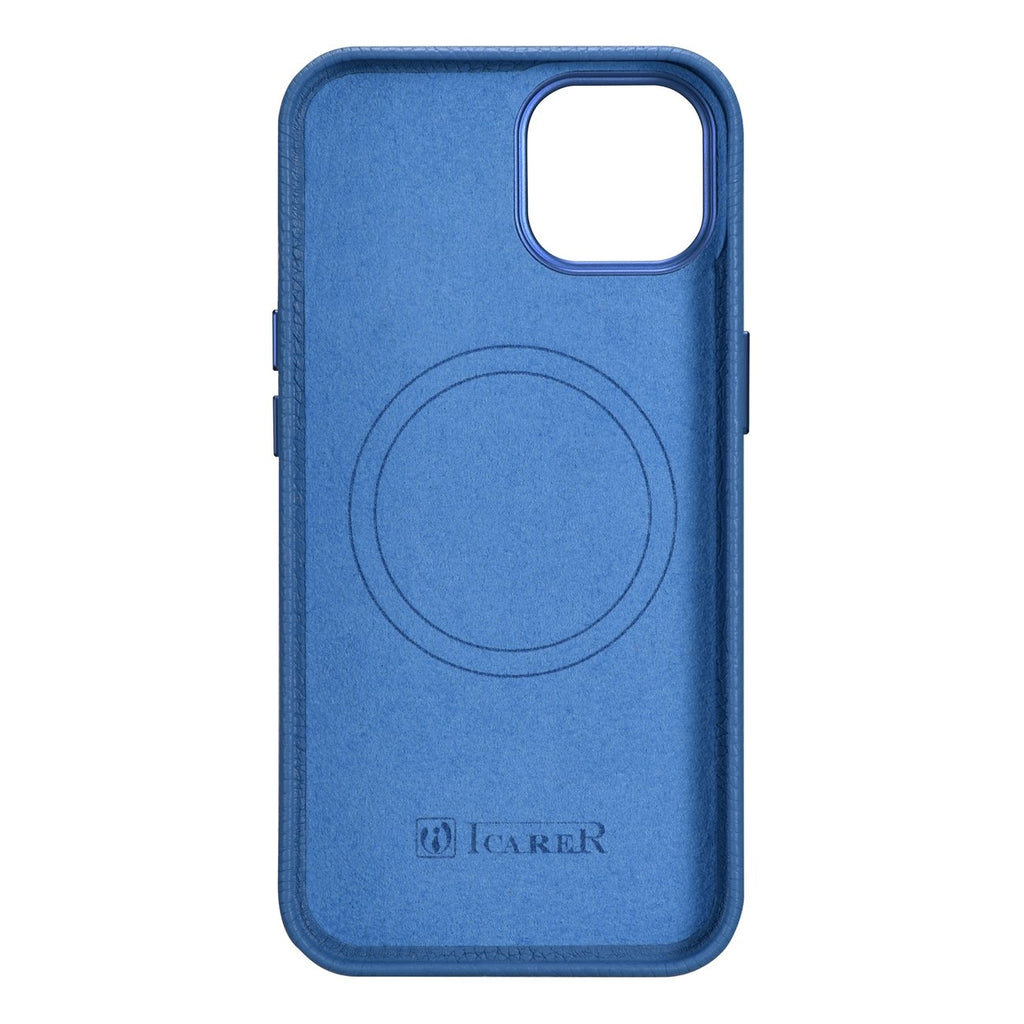 iCarer Litchi Premium Leather MagSafe dėklas iPhone 14 Plus – šviesiai mėlynas