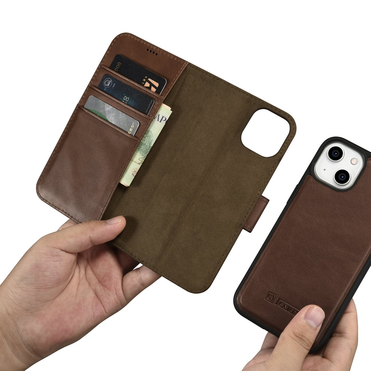 iCarer odinis Anti‑RFID dėklas iPhone 14 Plus – rudas