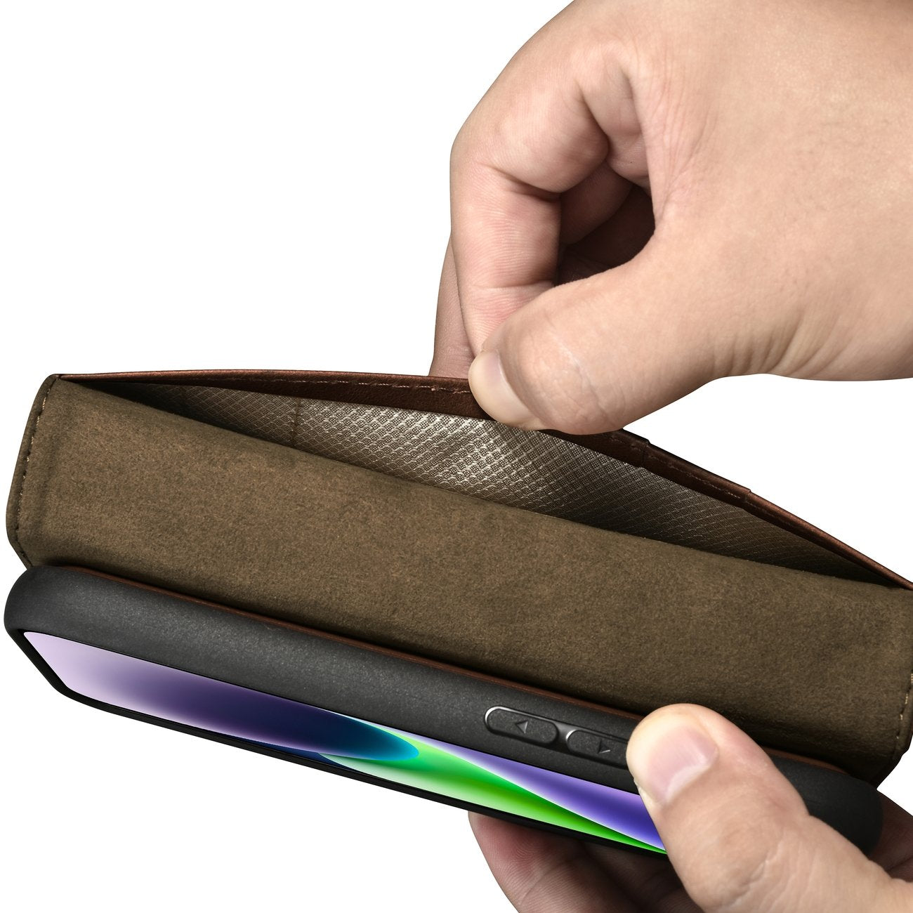 iCarer odinis Anti‑RFID dėklas iPhone 14 Plus – rudas