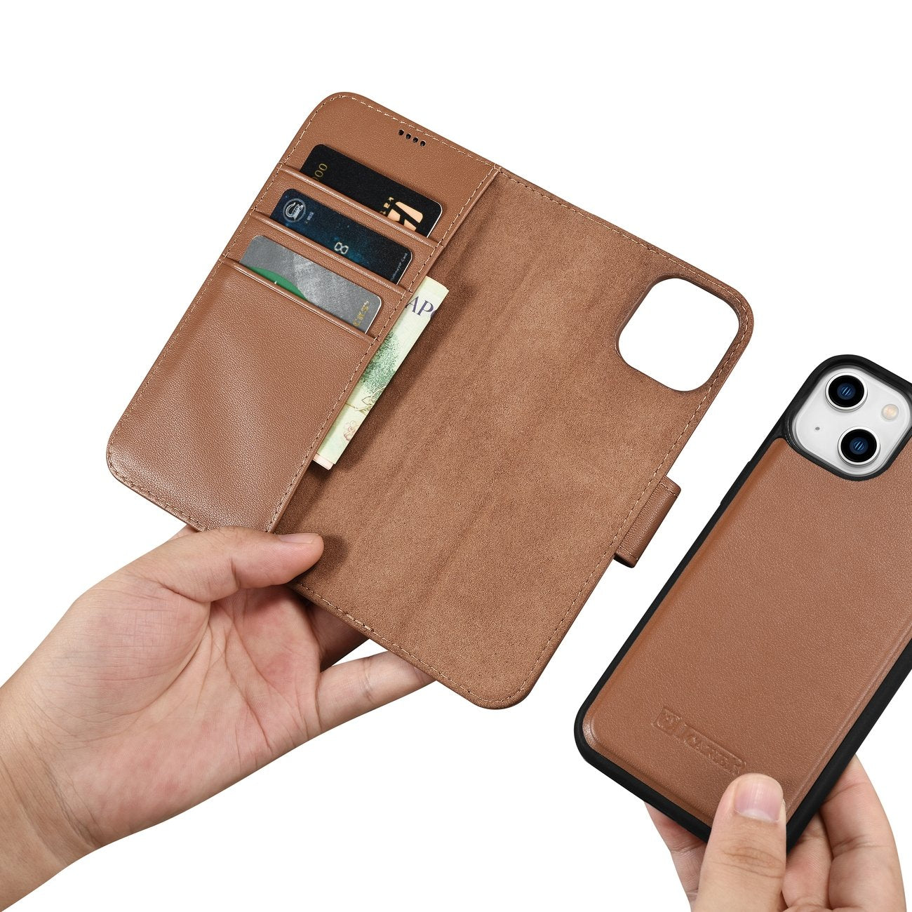 iCarer odinis 2in1 dėklas iPhone 14 su RFID – rudas