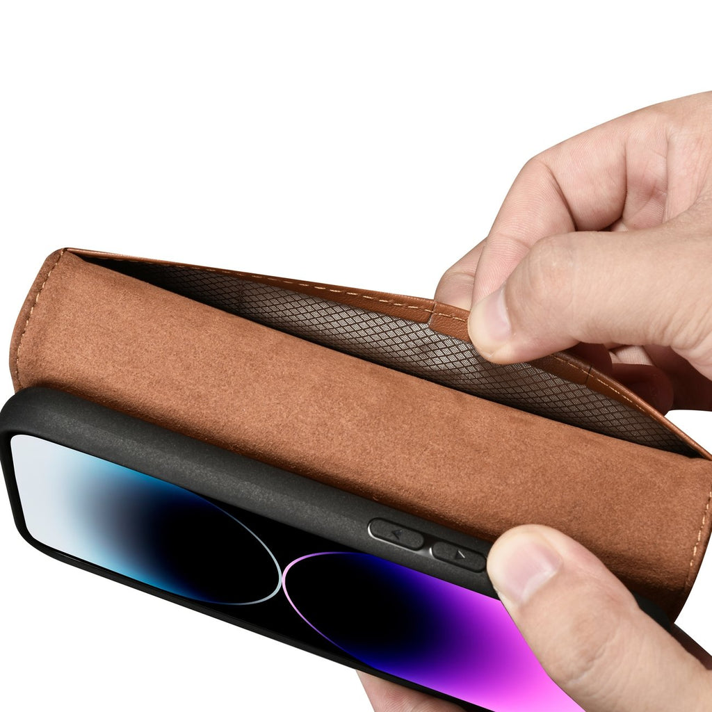 iCarer 2in1 odinis dėklas-piniginė iPhone 14 Pro – rudas