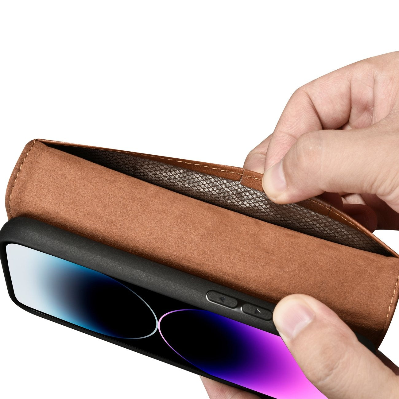 iCarer 2in1 odinis dėklas-piniginė iPhone 14 Pro – rudas