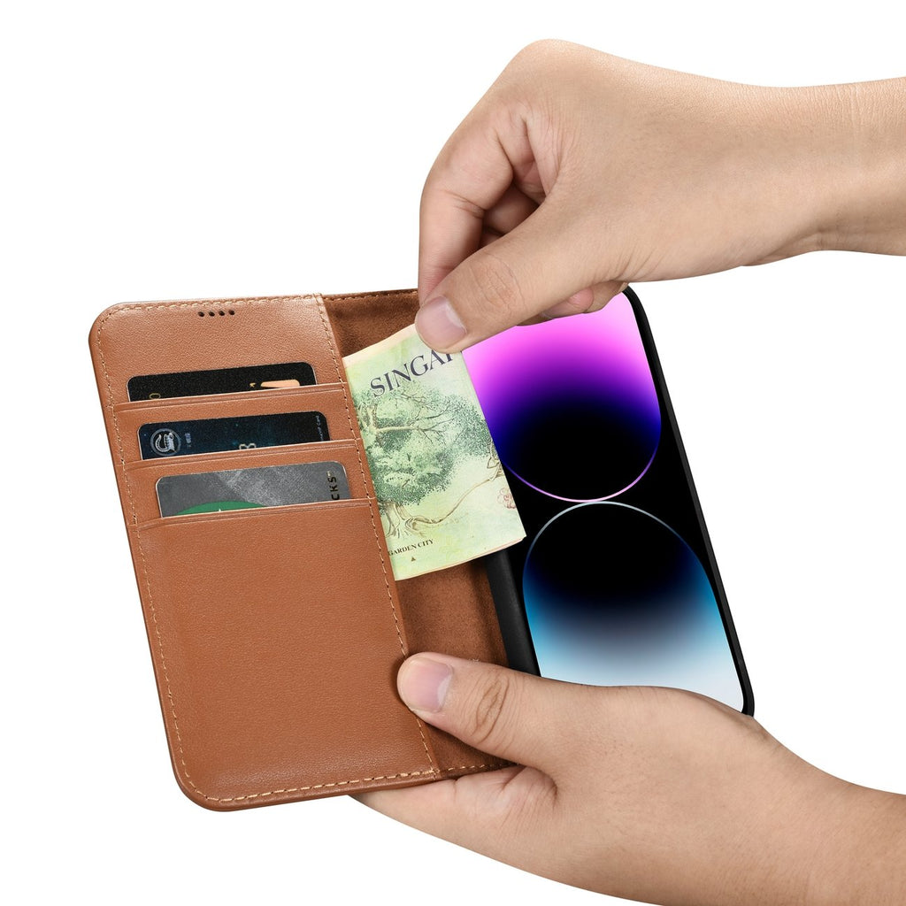 iCarer 2in1 odinis dėklas-piniginė iPhone 14 Pro – rudas