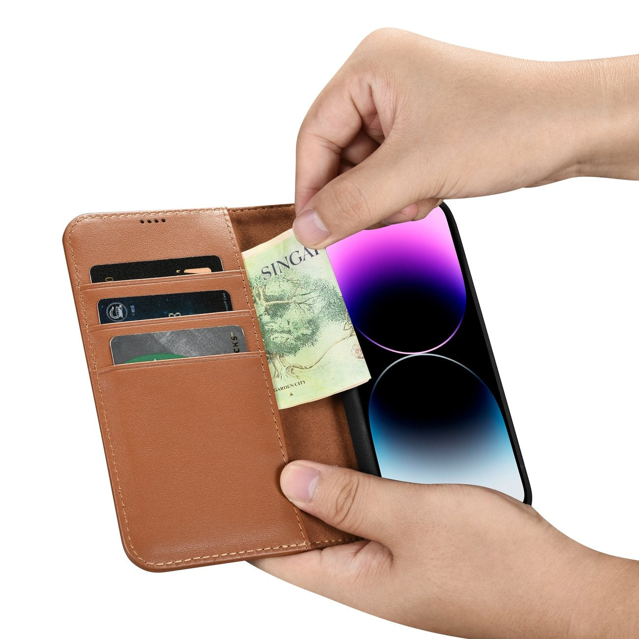 iCarer 2in1 odinis dėklas-piniginė iPhone 14 Pro – rudas