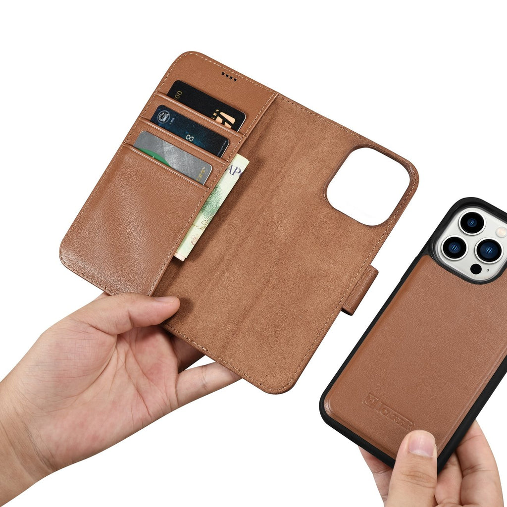 iCarer 2in1 odinis dėklas-piniginė iPhone 14 Pro – rudas