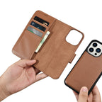 iCarer 2in1 odinis dėklas-piniginė iPhone 14 Pro – rudas