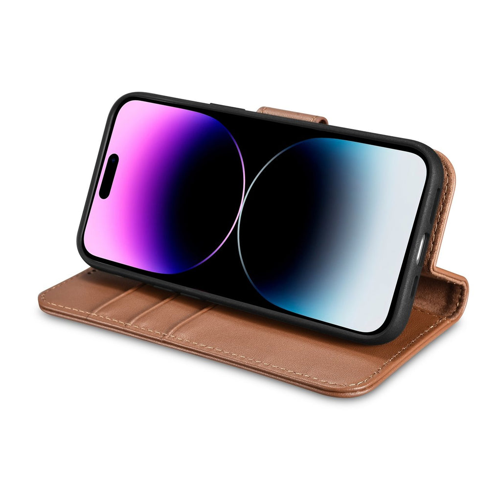 iCarer 2in1 odinis dėklas-piniginė iPhone 14 Pro – rudas
