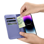 iCarer odinis piniginės tipo dėklas iPhone 14 Pro – violetinis