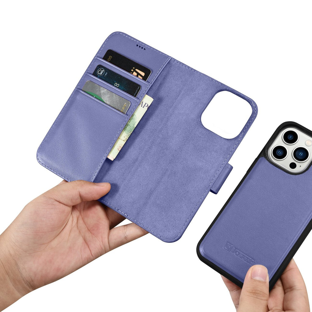 iCarer odinis piniginės tipo dėklas iPhone 14 Pro – violetinis