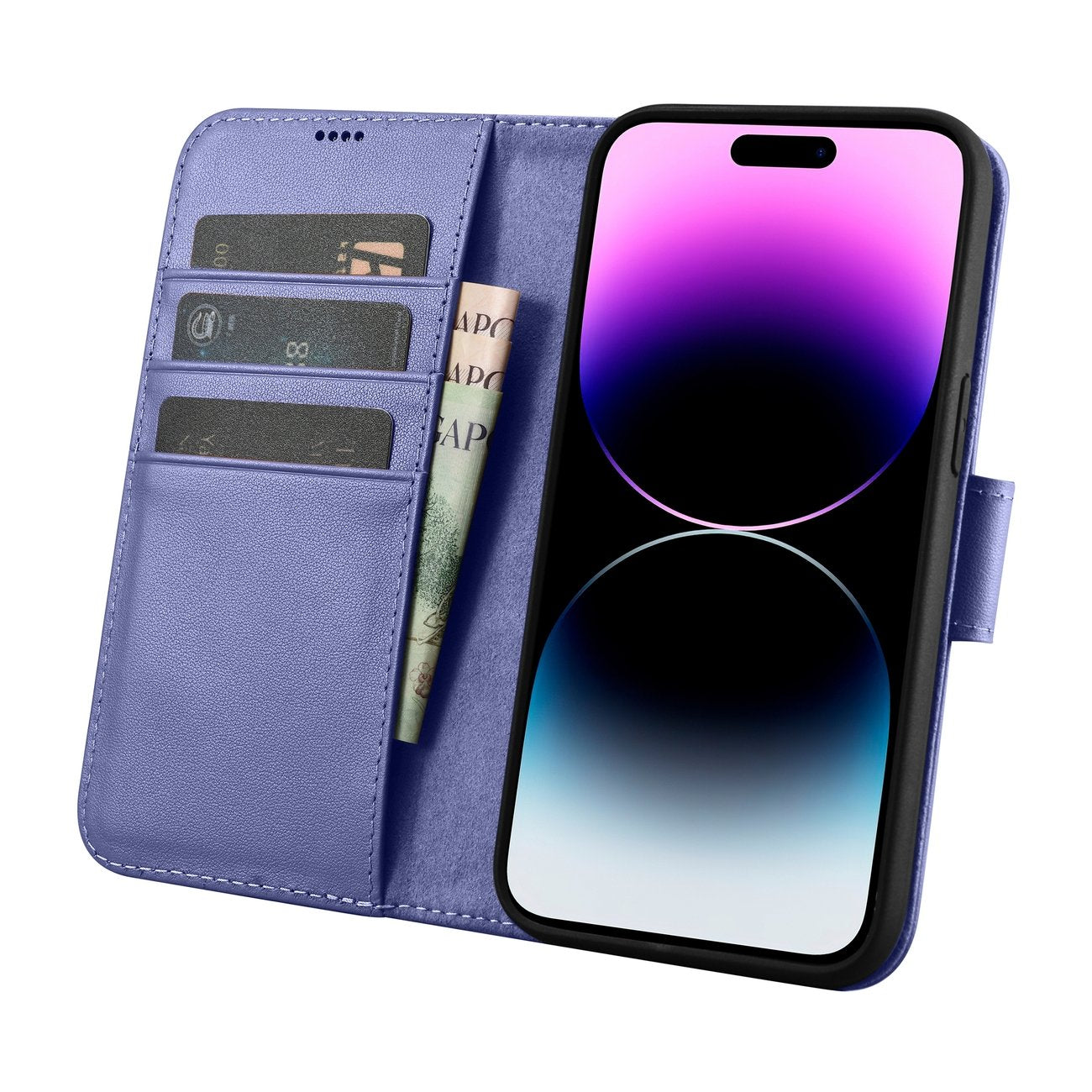 iCarer odinis piniginės tipo dėklas iPhone 14 Pro – violetinis