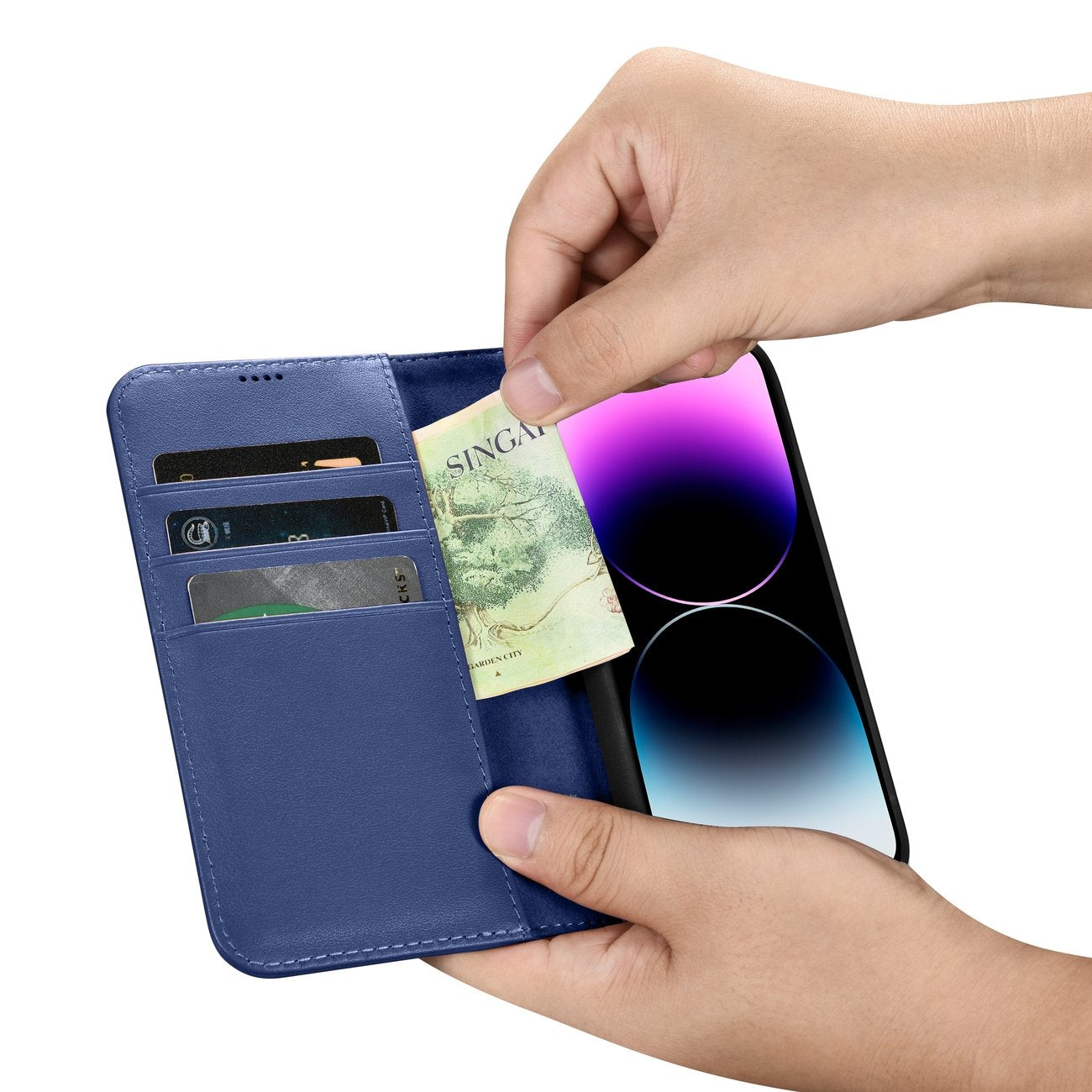 iCarer odinis dėklas-piniginė iPhone 14 Pro – mėlynas