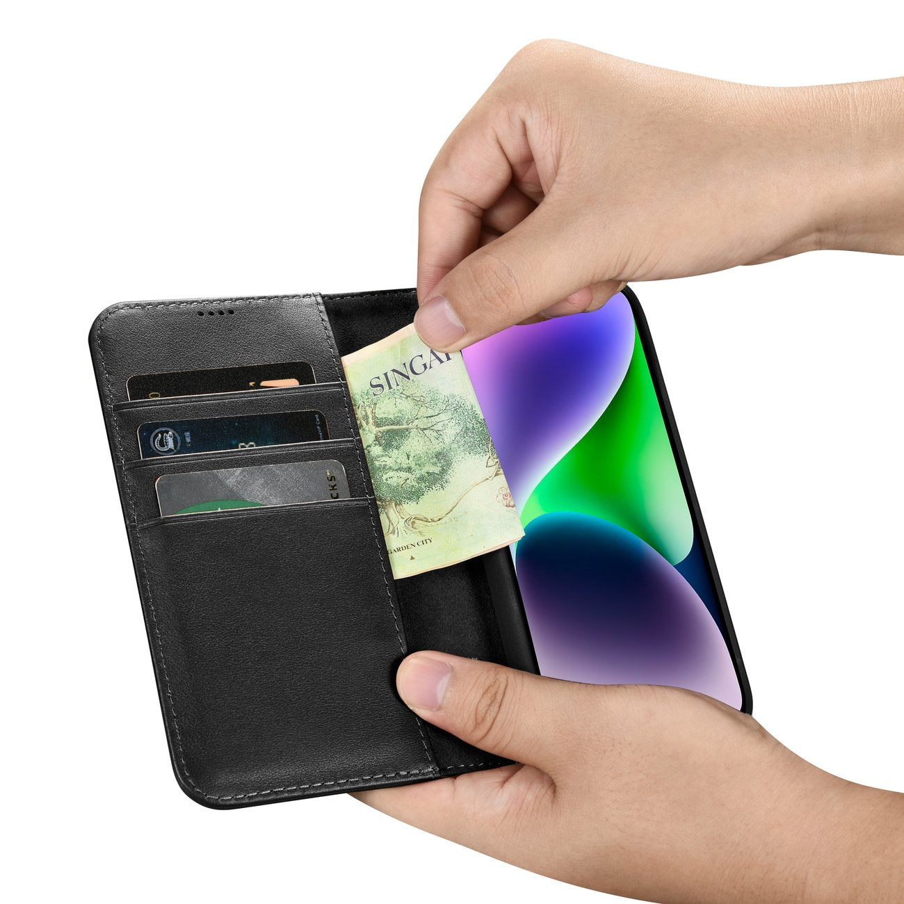 iCarer 2in1 odinis dėklas-piniginė iPhone 14 Plus su Anti-RFID – juodas