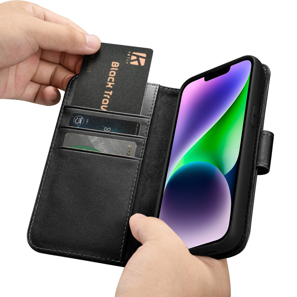 iCarer 2in1 odinis dėklas-piniginė iPhone 14 Plus su Anti-RFID – juodas
