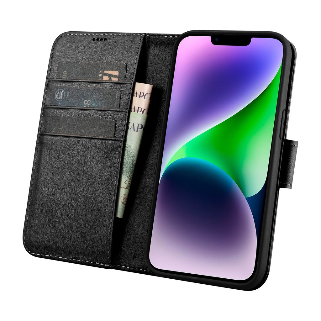 iCarer 2in1 odinis dėklas-piniginė iPhone 14 Plus su Anti-RFID – juodas